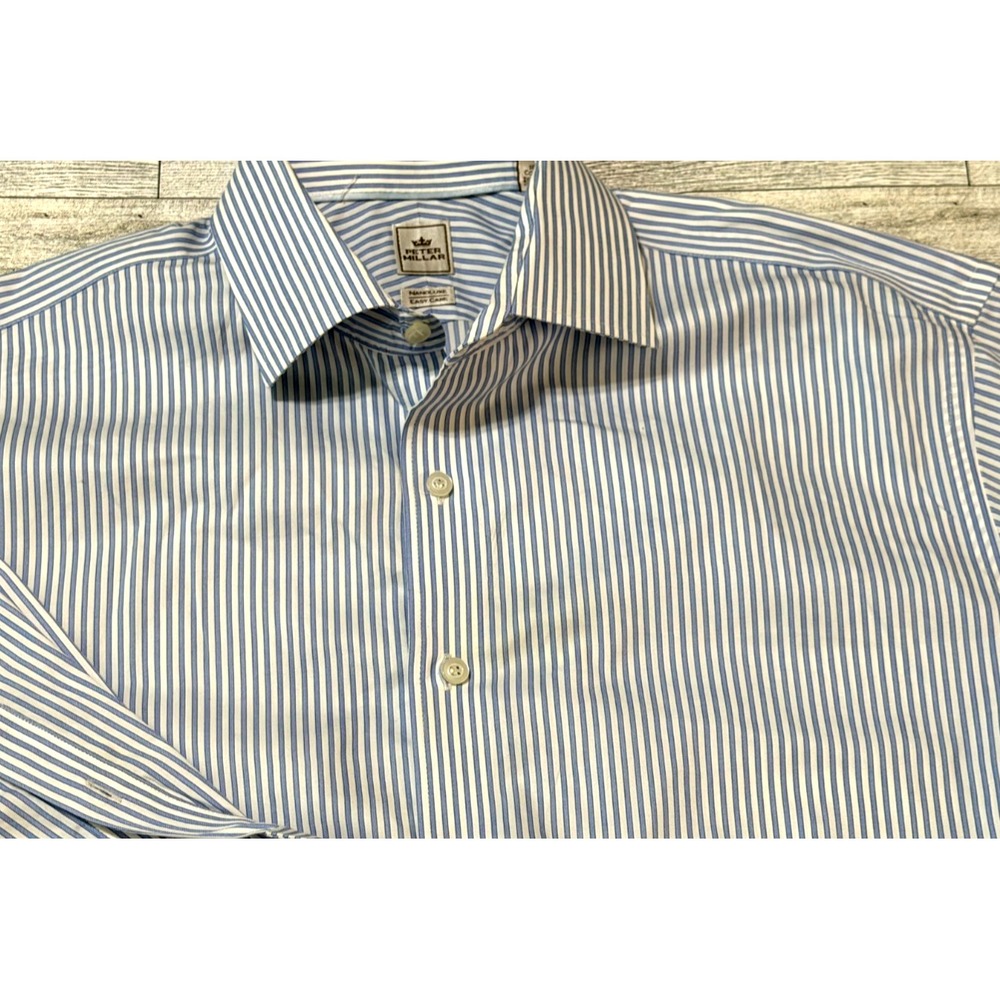 Peter Millar Mens Long Sleeve Cotton Nanoluxe Shirt Blue White Stripe 17 LONG